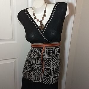 Luxe Black and Cream Geometric Blouse with Orange Accents